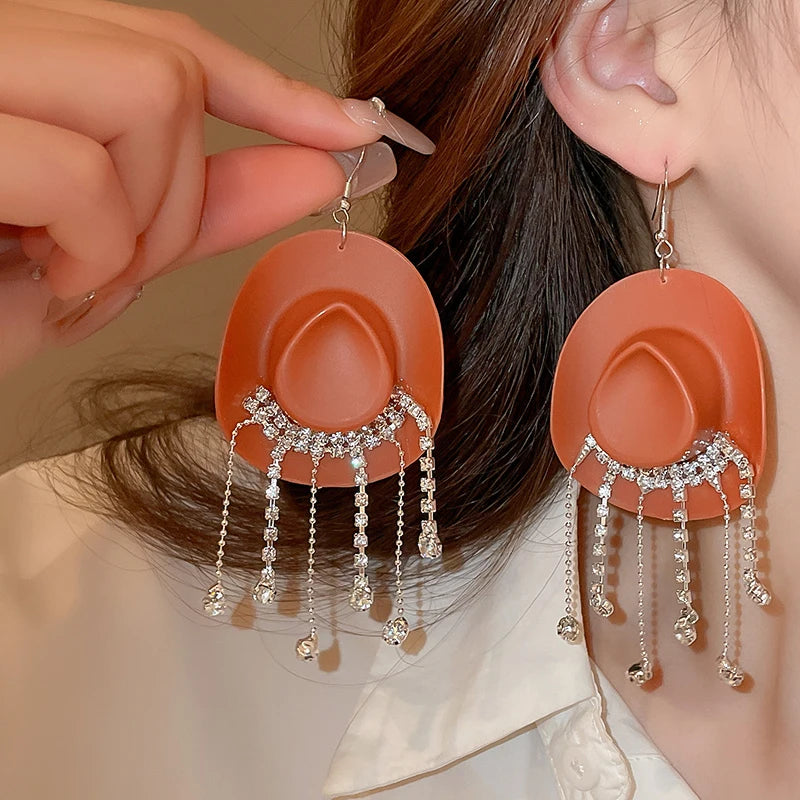 Rhinestone Cowgirl Hat Tassel Earrings