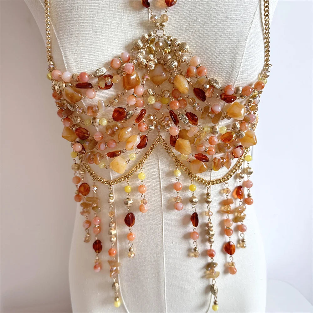 Beaded Tassel Chain Halter Neck Top
