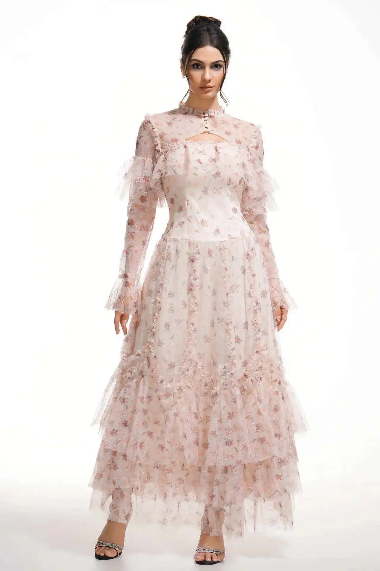 Floral Ruffled Embroidered Maxi Dress