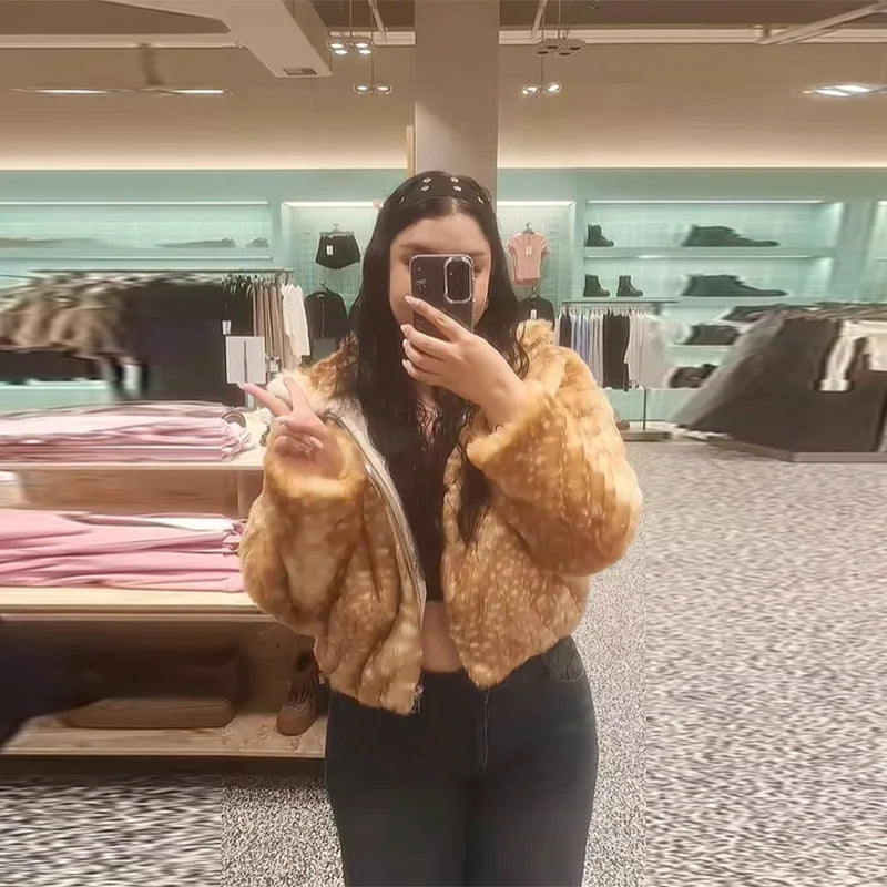 Faux Fur Deer Print Bomber Jacket
