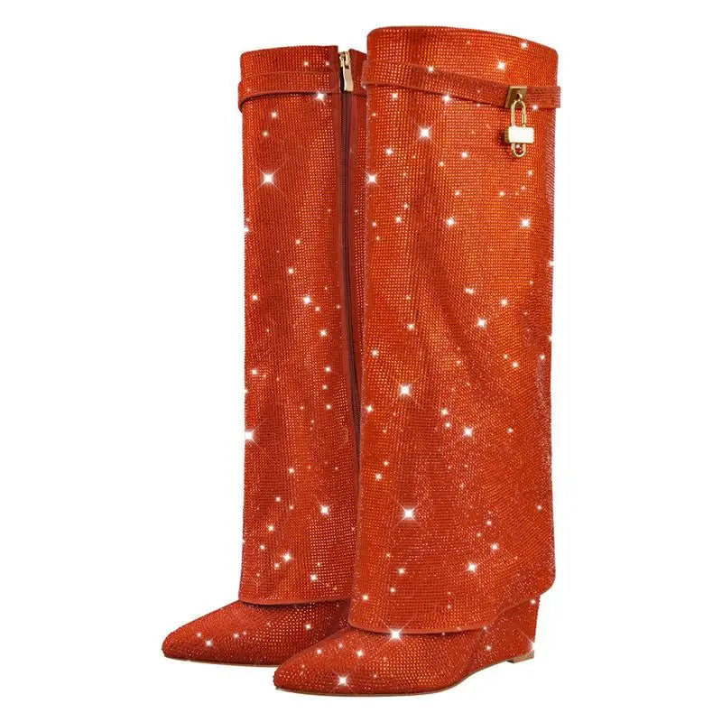 Rhinestone Knee High Wedge Boots