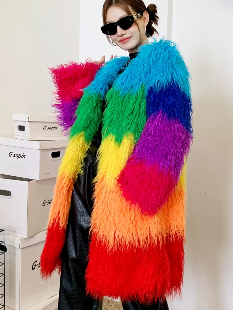 Rainbow Striped Faux Fur Coat