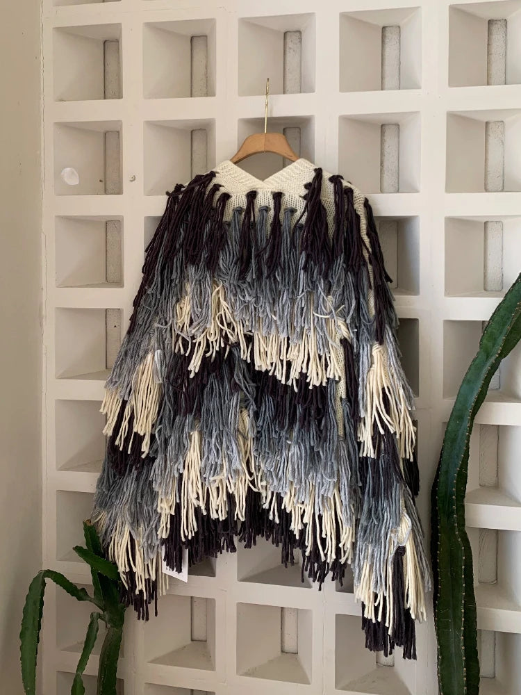 Gradient Tassel Knitted Cardigan