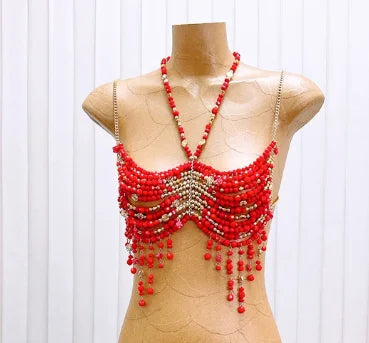 Beaded Tassel Chain Halter Neck Top