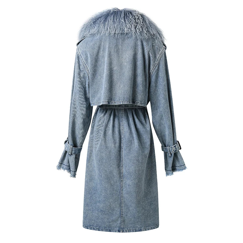 Mongolian Fur Collar Denim Trench Coat - Festigal