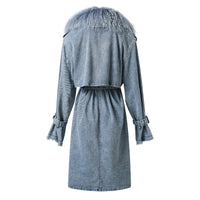 Mongolian Fur Collar Denim Trench Coat