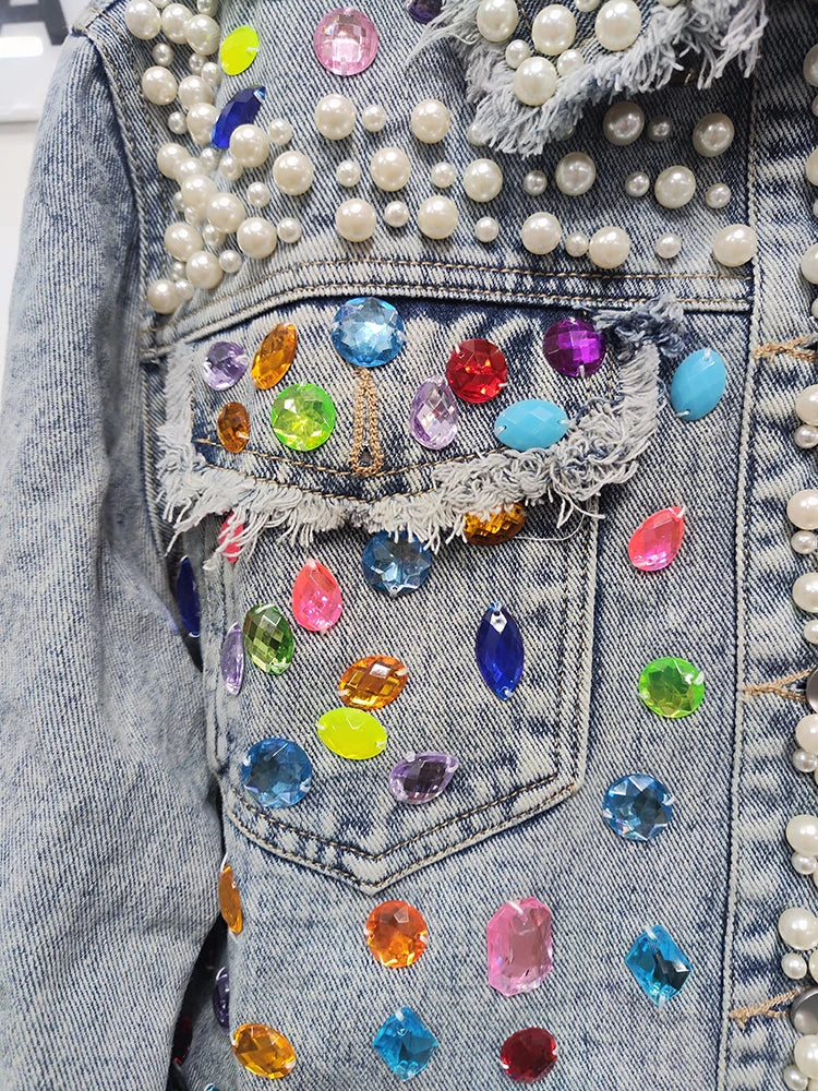Pearl Gem Embellished Denim Jacket
