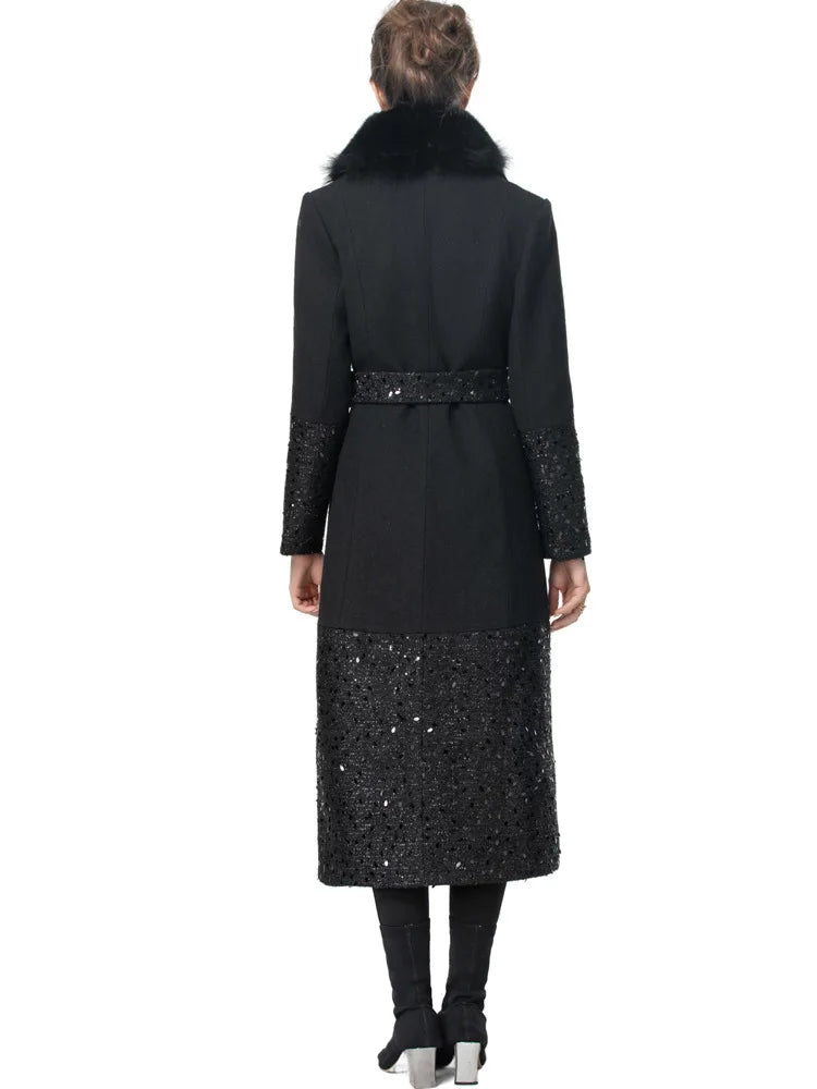Long Sequin Fur Black Coat - Festigal