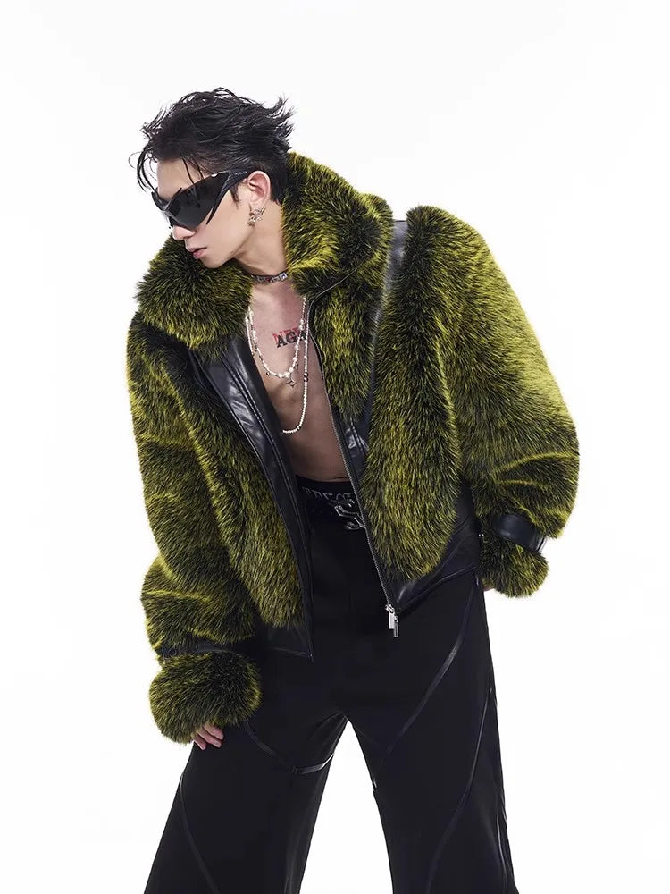 Men's Faux Fur Patchwork Coat - Festigal