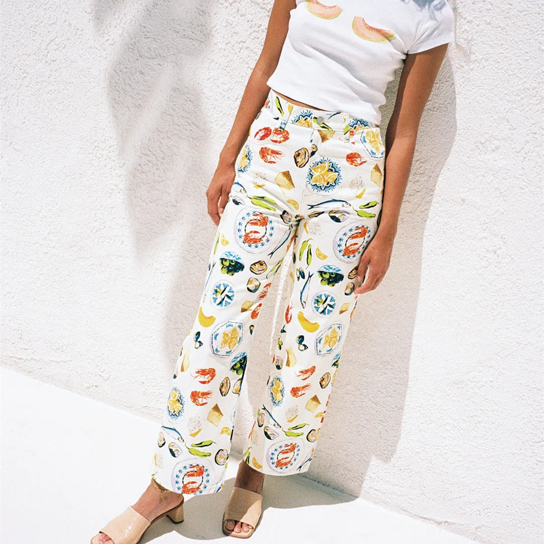 Food Print Straight Leg Trousers - Festigal