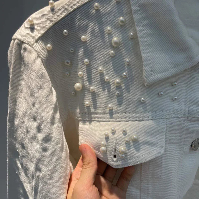 Pearl Embellished Denim Jacket - Festigal