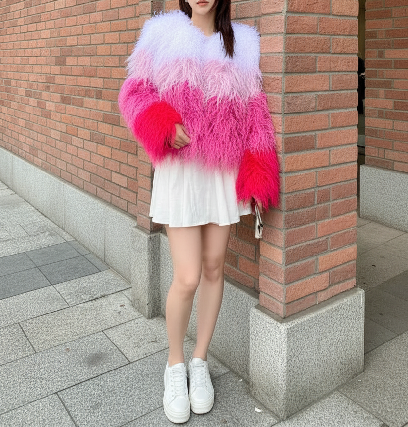 Rainbow Striped Shaggy Faux Fur Coat