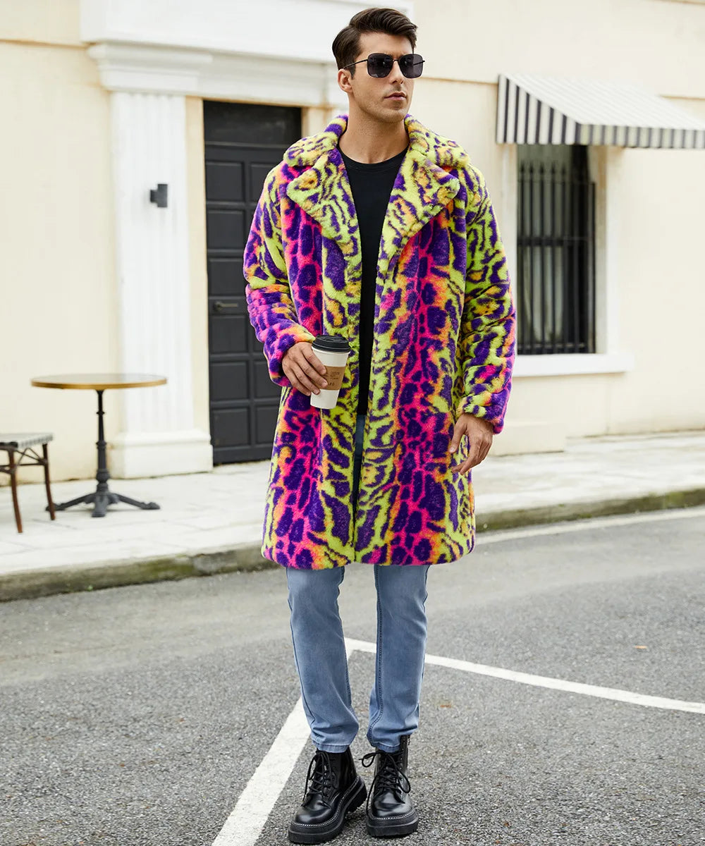 Men's Neon Leopard Print Faux Fur Coat - Festigal