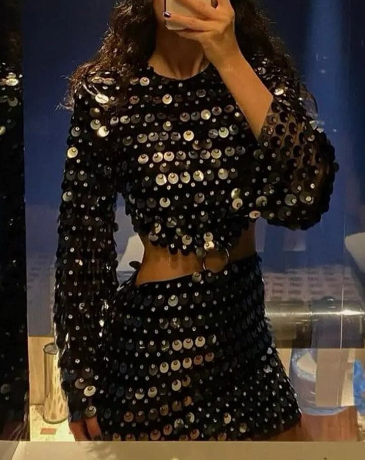 Sequin Cut Out Bell Sleeve Dress - Festigal