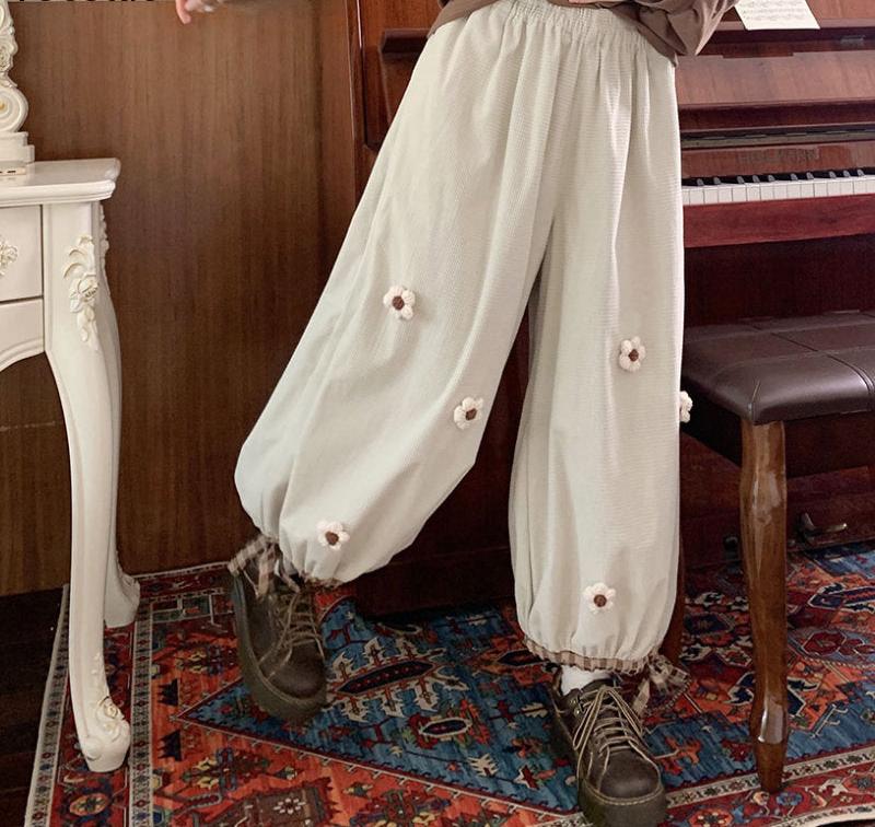 Corduroy Flower Wide Leg Pants - Festigal