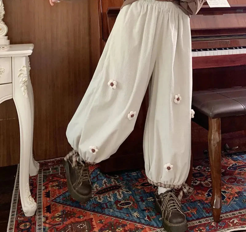 Corduroy Flower Wide Leg Pants - Festigal