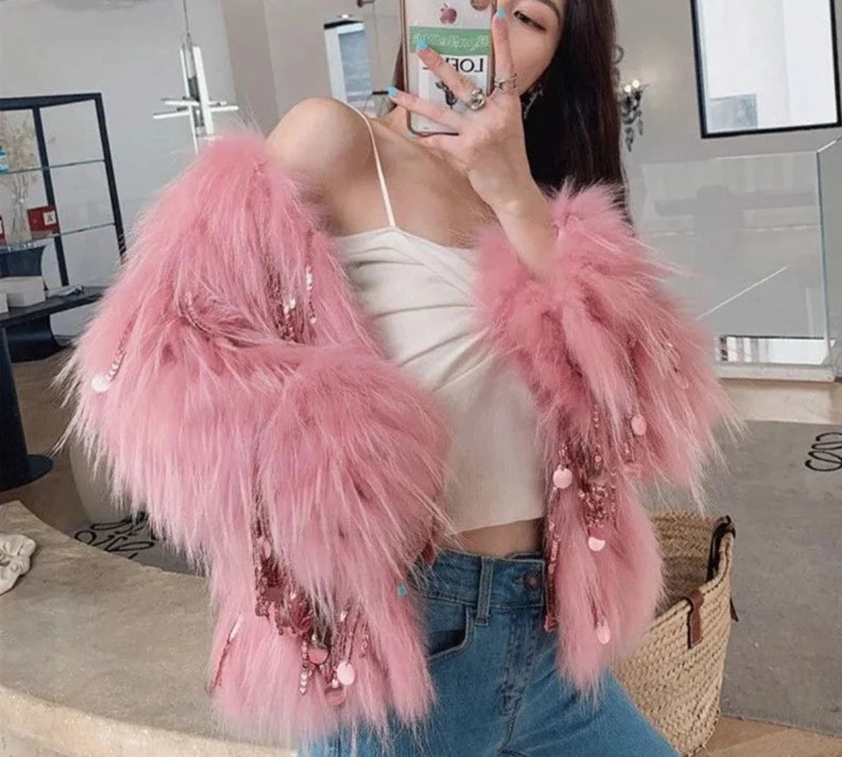Women s Faux Fur Sequin Tassel Jacket