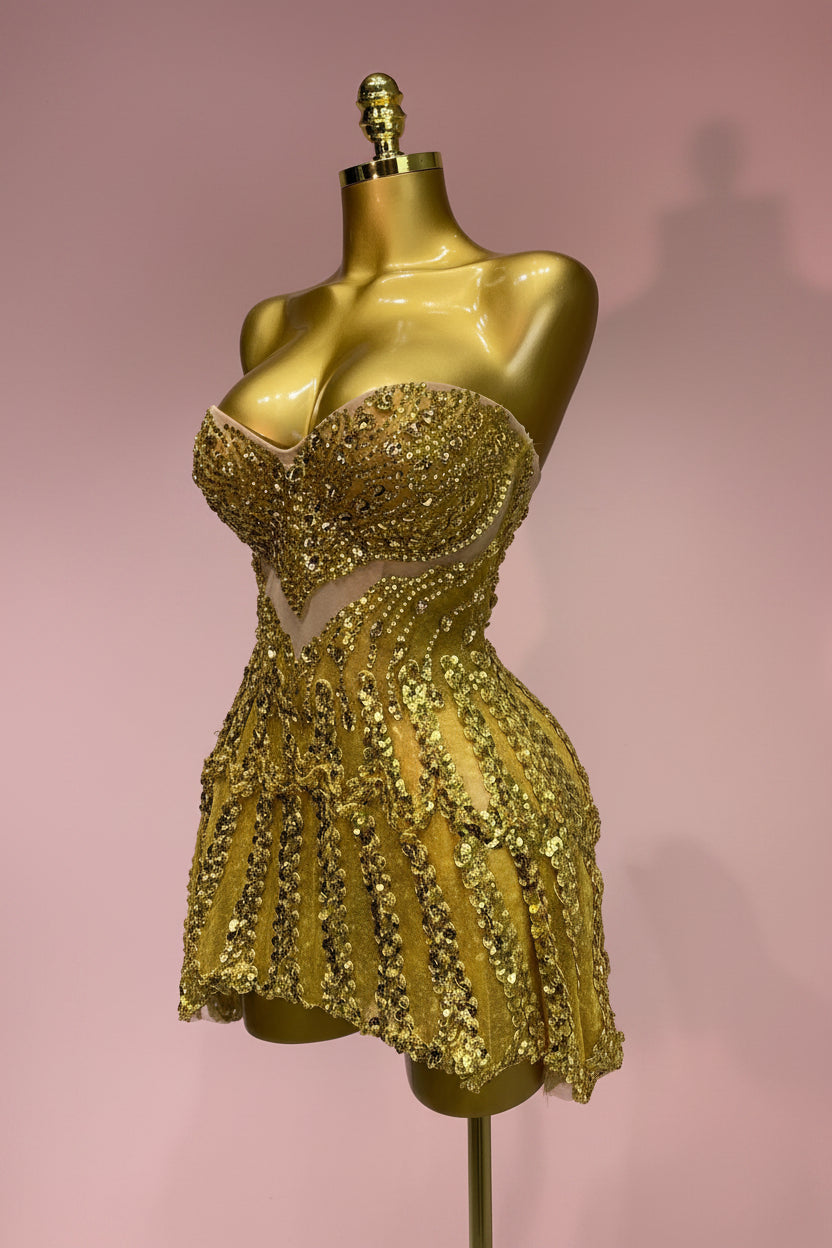 Gold Sweetheart Sequin A-Line Dress