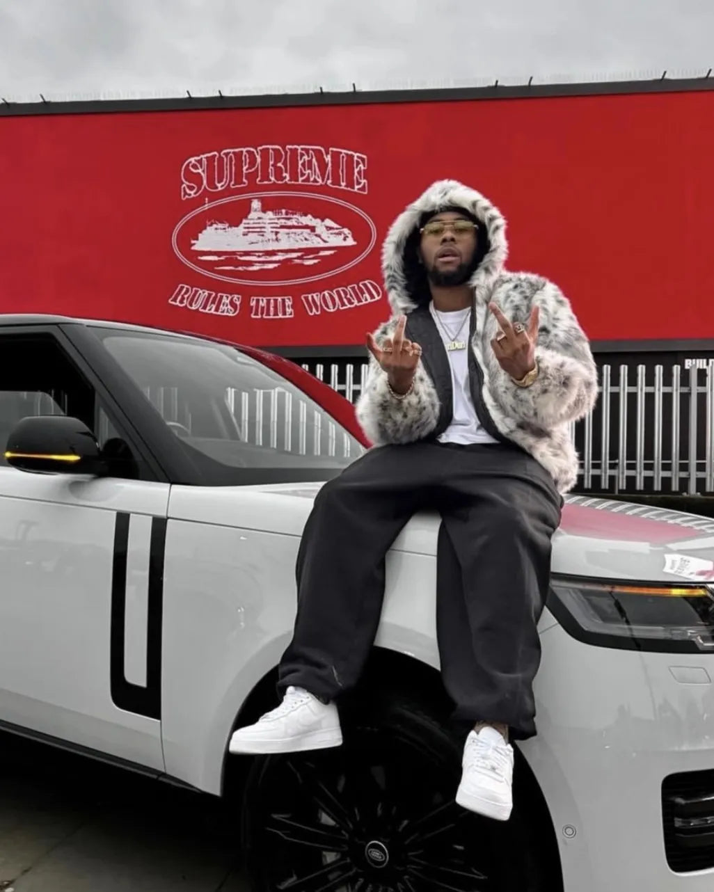 Men's Snow Leopard Faux Fur Coat - Festigal