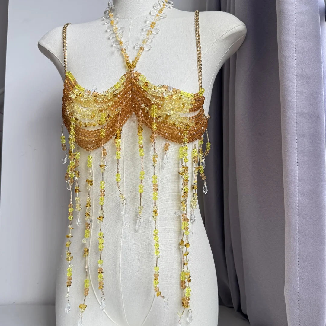 Beaded Tassel Chain Halter Neck Top