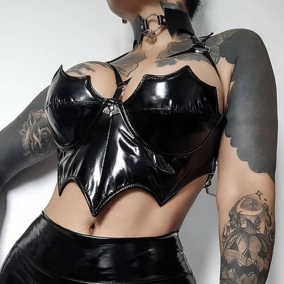 Black Bat Leather Look Crop Top - Festigal
