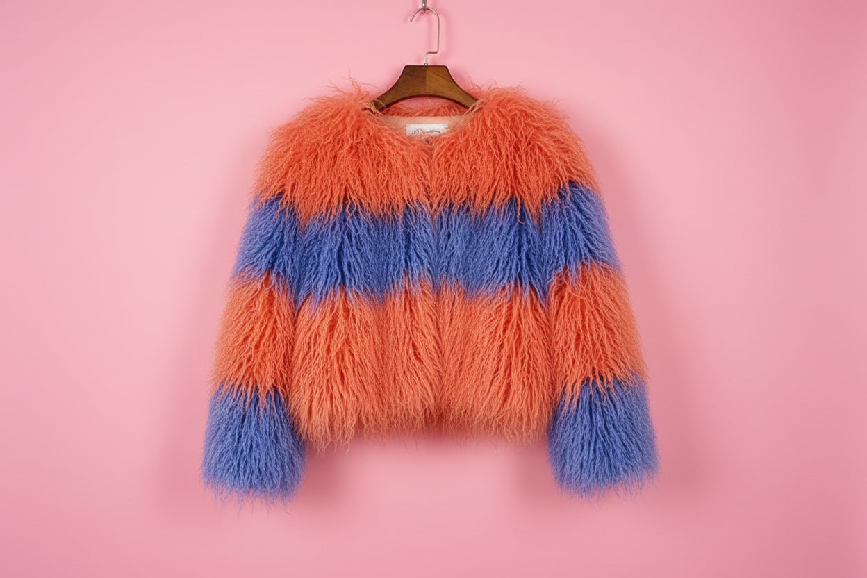 Rainbow Striped Shaggy Faux Fur Coat