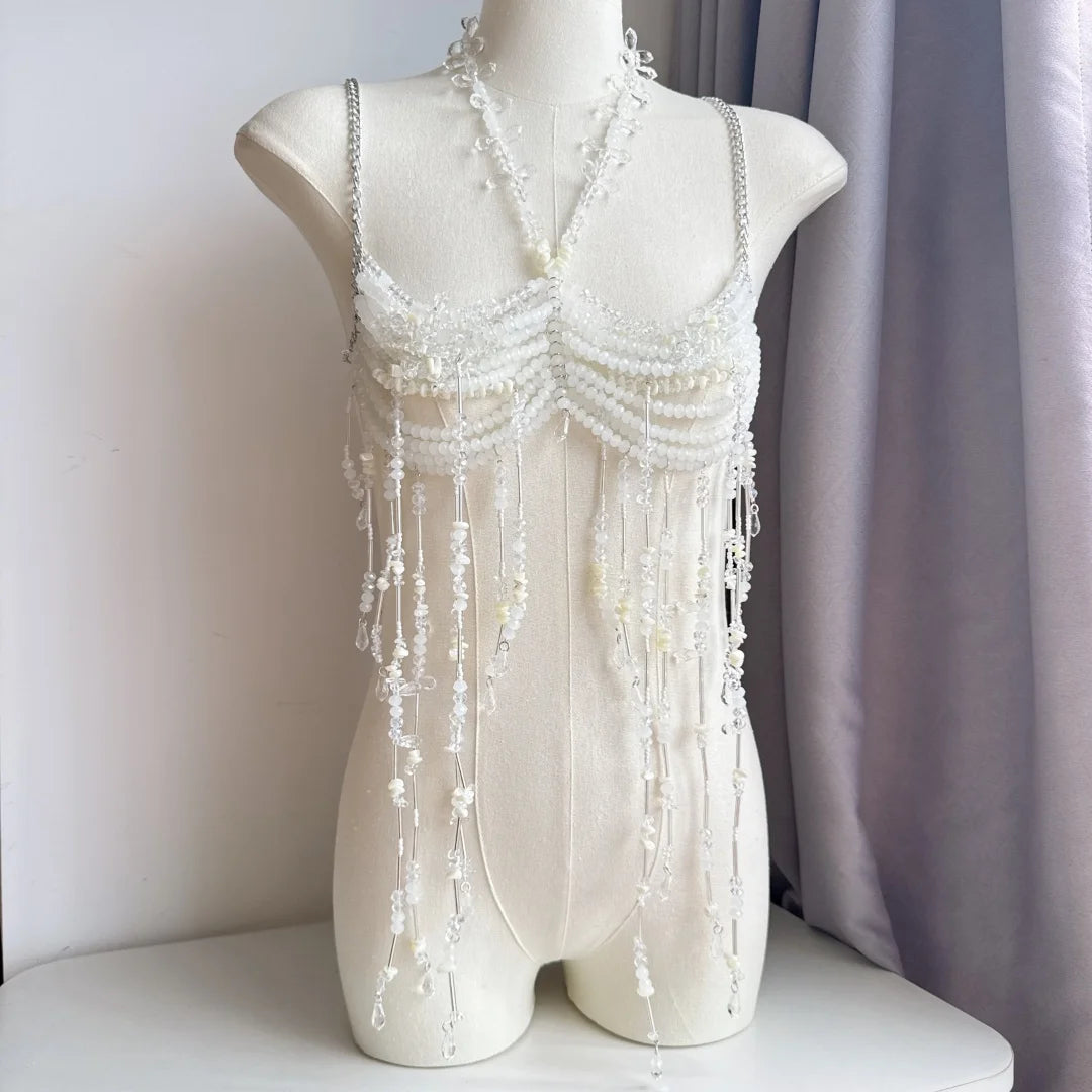 Beaded Tassel Chain Halter Neck Top