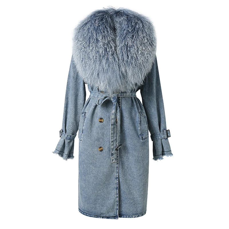 Mongolian Fur Collar Denim Trench Coat