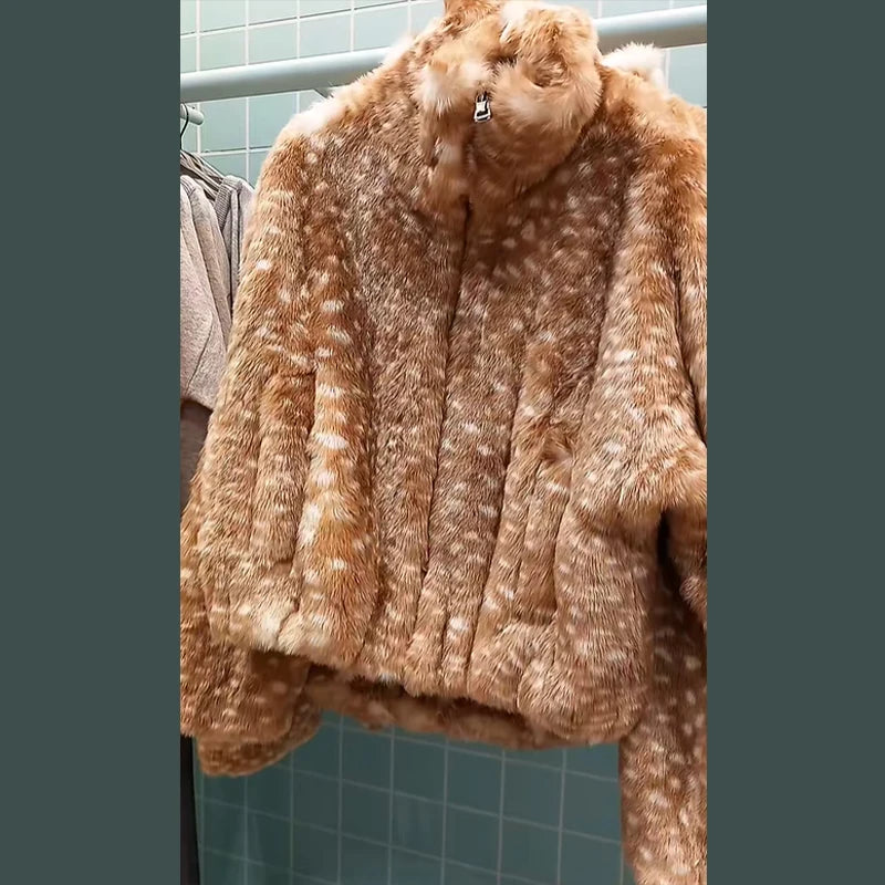Faux Fur Deer Print Bomber Jacket