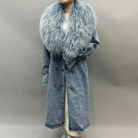 Mongolian Fur Collar Denim Trench Coat