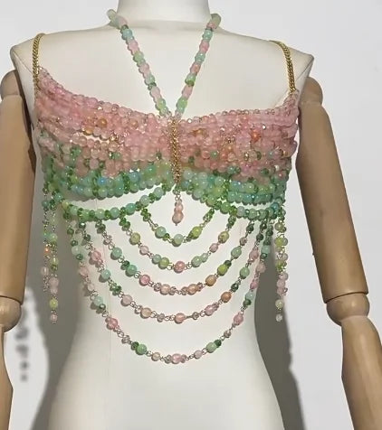 Beaded Tassel Chain Halter Neck Top
