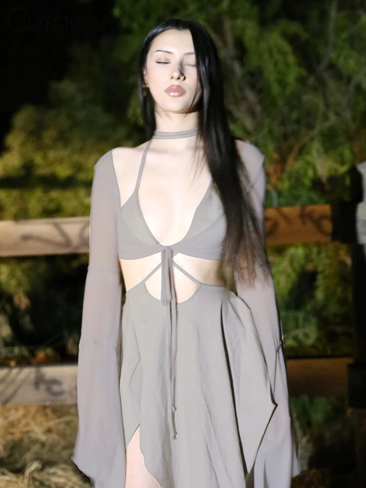 Asymmetrical Bell Sleeve Lace-Up Dress - Festigal