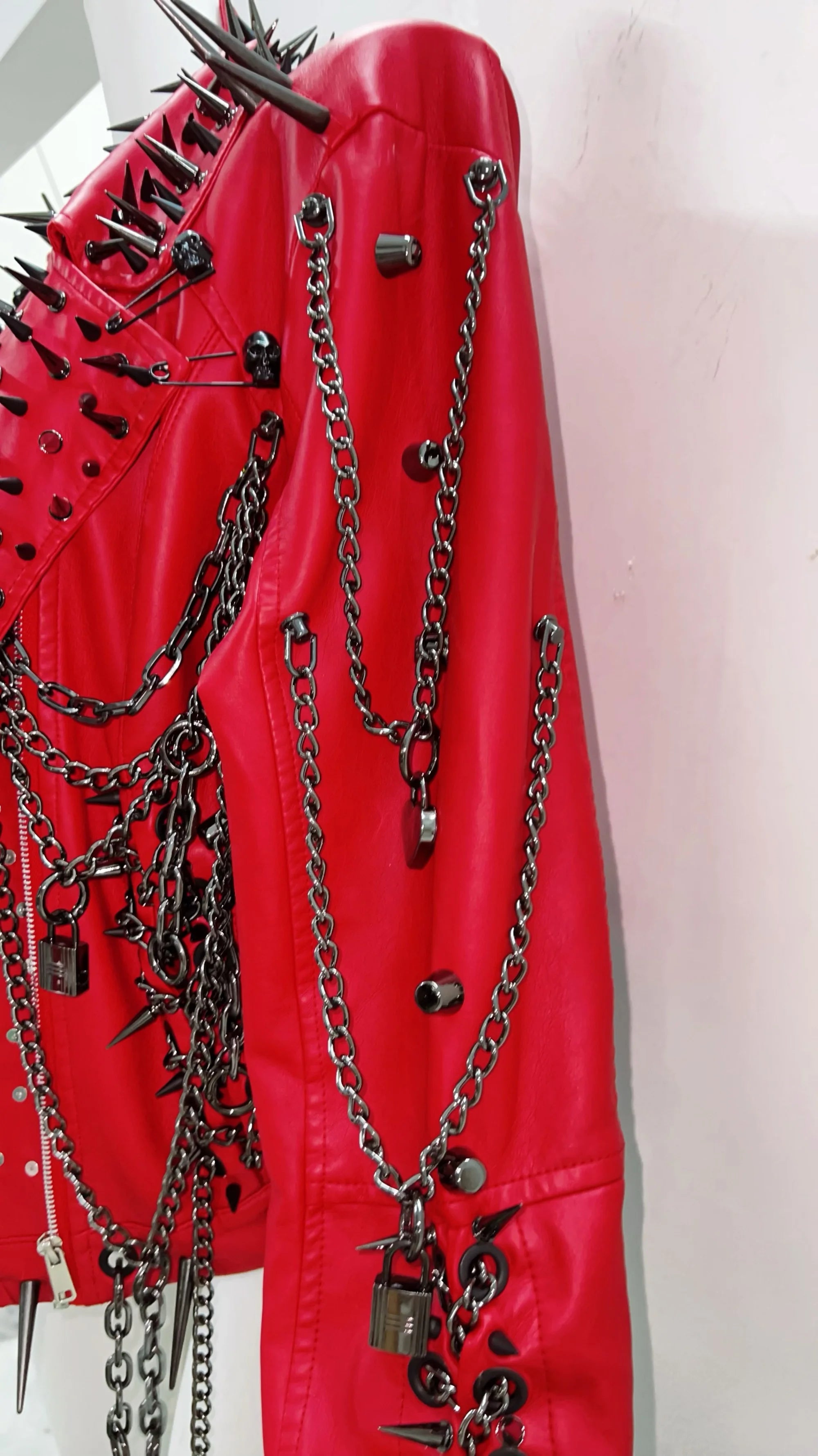Red Faux Leather Spiked Jacket