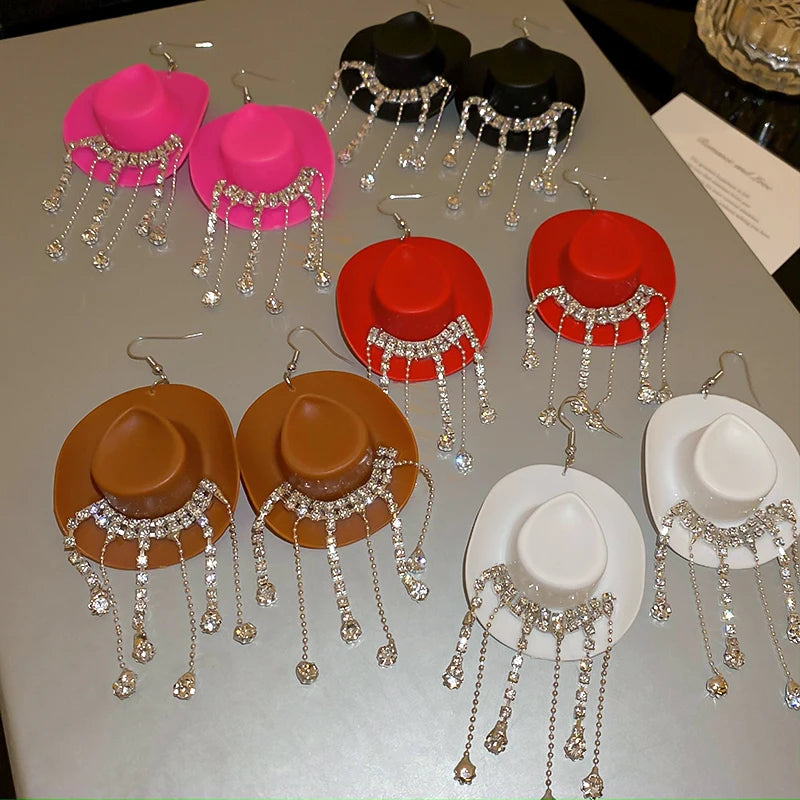 Rhinestone Cowgirl Hat Tassel Earrings
