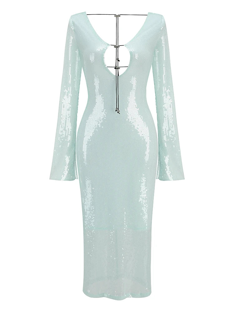 V Neck Long Sleeve Sequin Midi Dress - Festigal