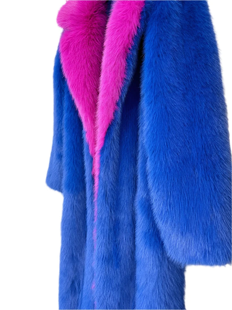 Blue and Pink Contrast Long Faux Fur Coat