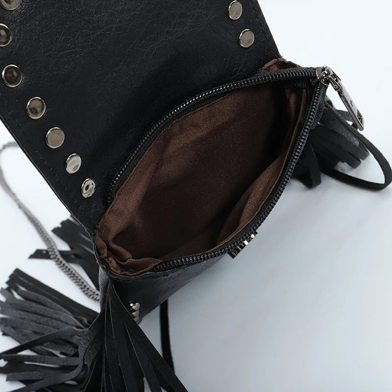 Skull Rivet Tassel Crossbody Bag