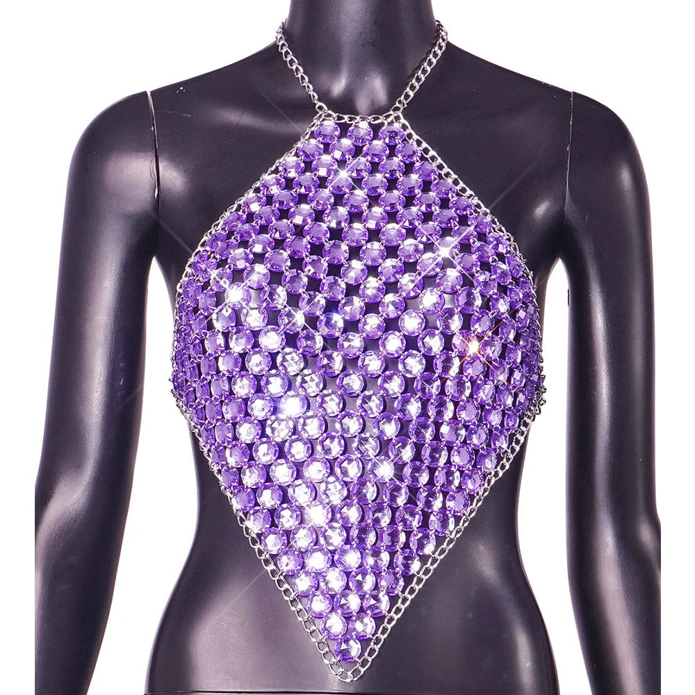 Sparkly Crystal  Purple Halter Backless Crop Top - Festigal