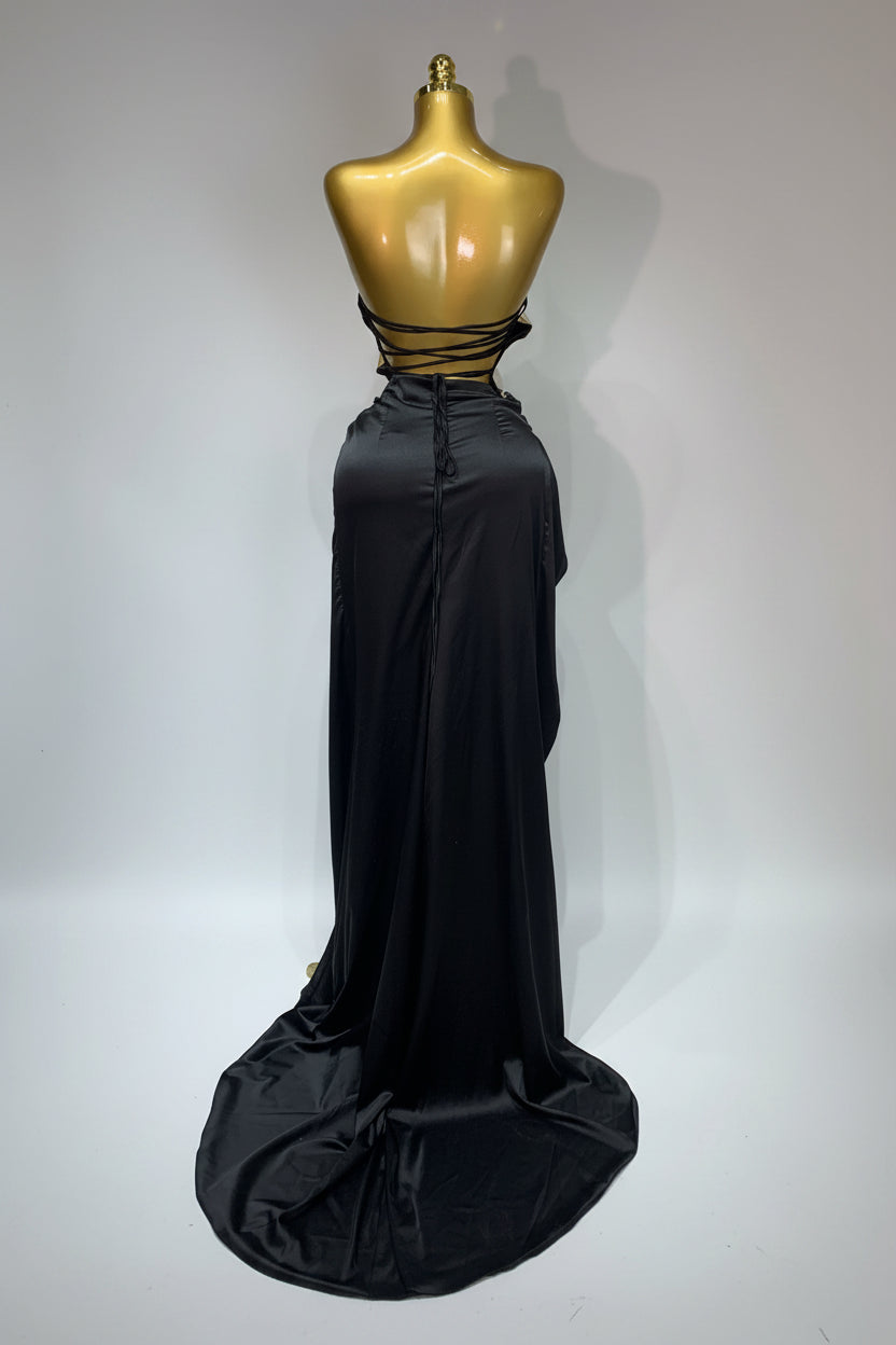 Liquid Gold & Black Satin Maxi Dress