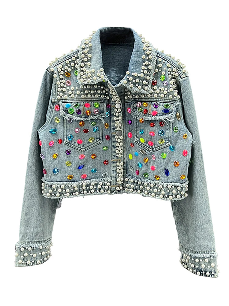Pearl Gem Embellished Denim Jacket