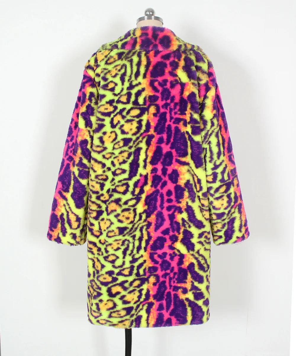 Men's Neon Leopard Print Faux Fur Coat - Festigal