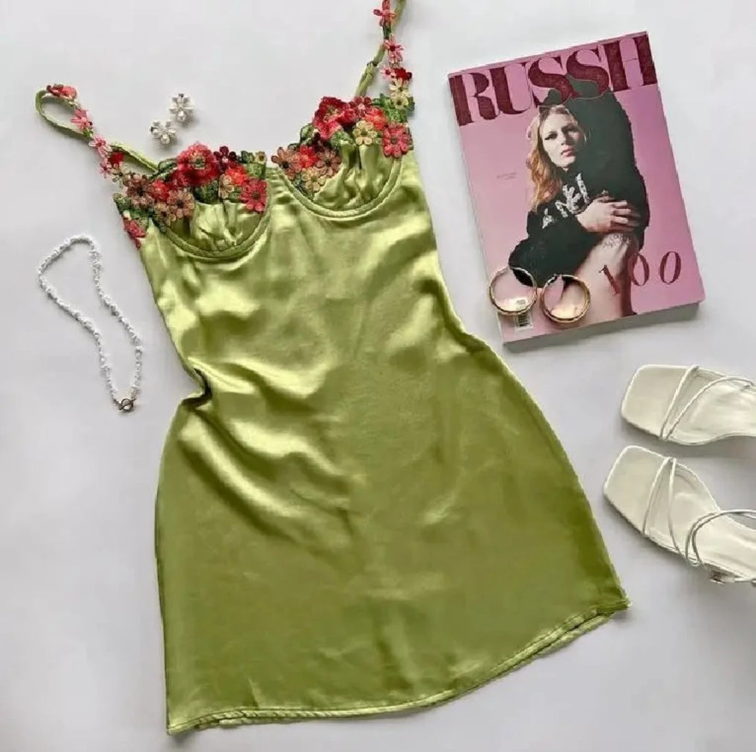 Florally Embroidered Bodice Satin Dress - Festigal