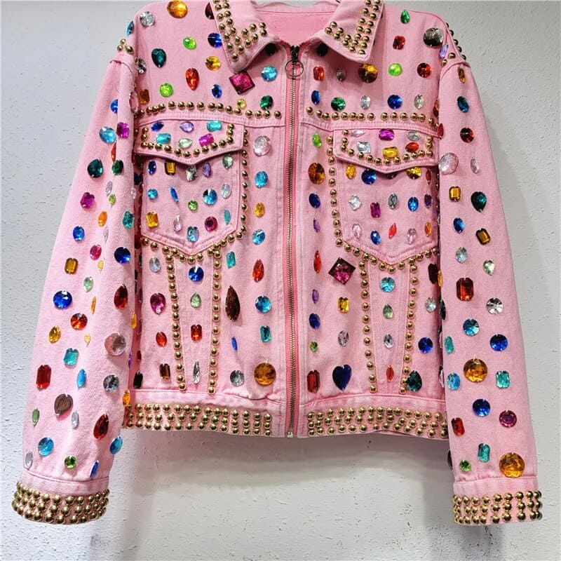Gem Embellished Pink Denim Jacket - Festigal