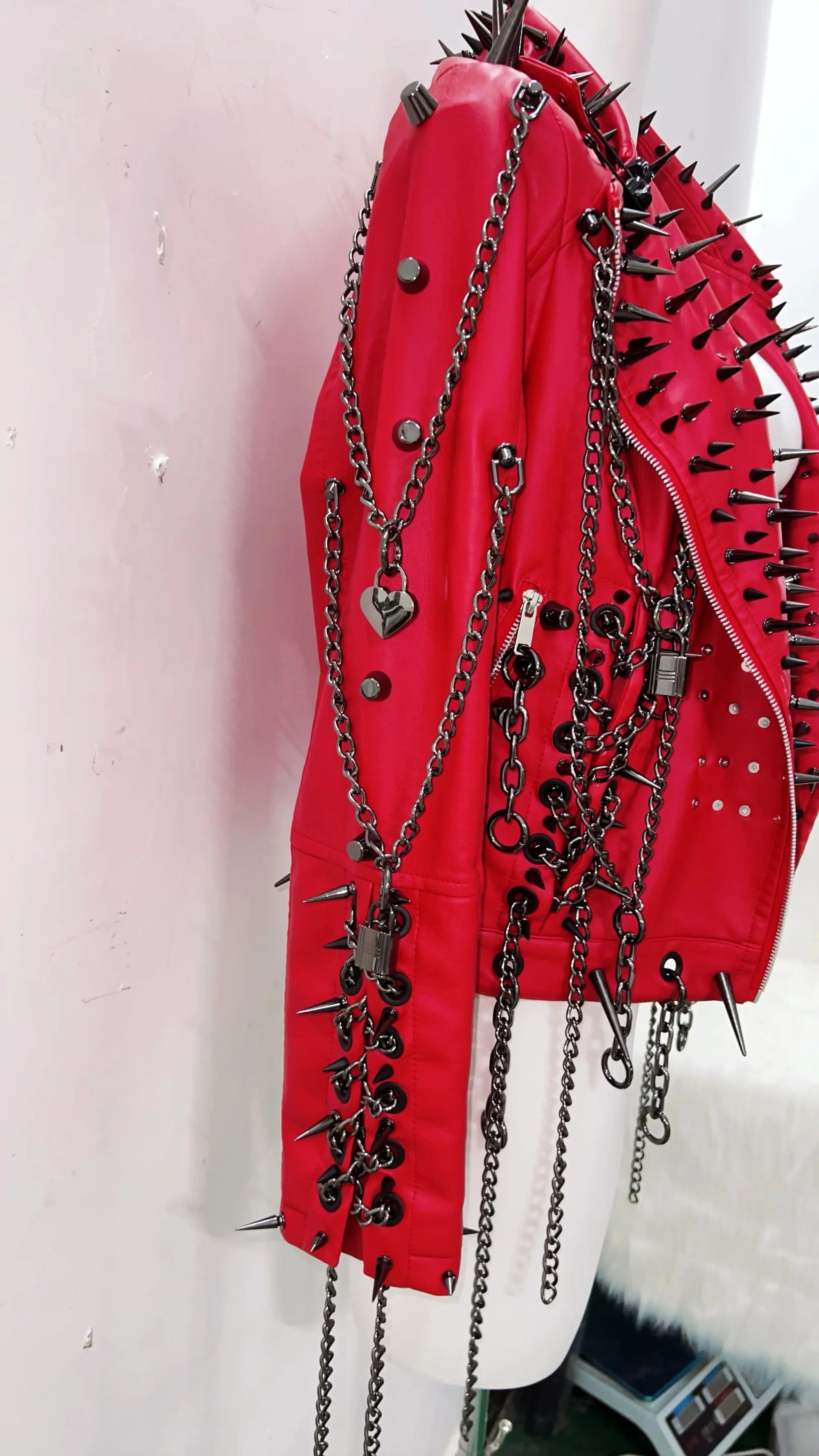 Red Faux Leather Spiked Jacket