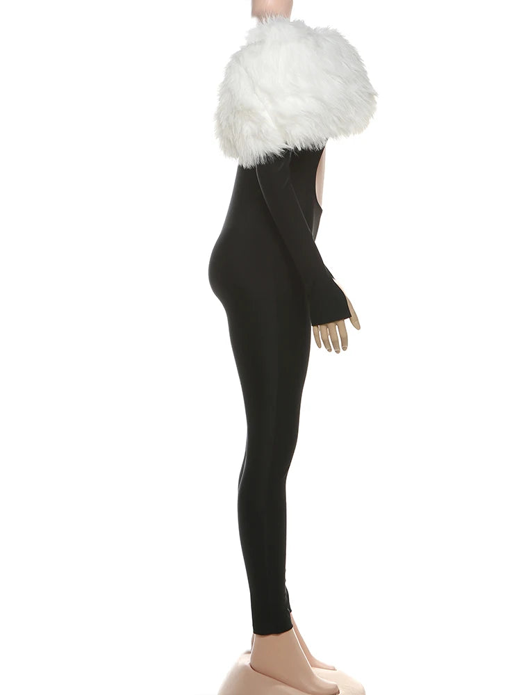 Fur Cut Out Wet Look Bodysuit