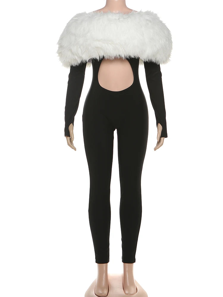 Fur Cut Out Wet Look Bodysuit