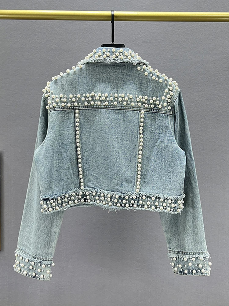 Pearl Gem Embellished Denim Jacket