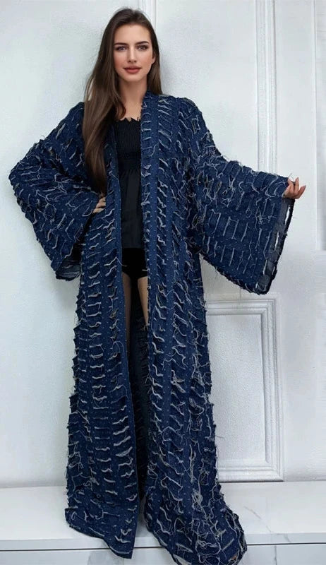 Blue Distressed Long Maxi Cardigan