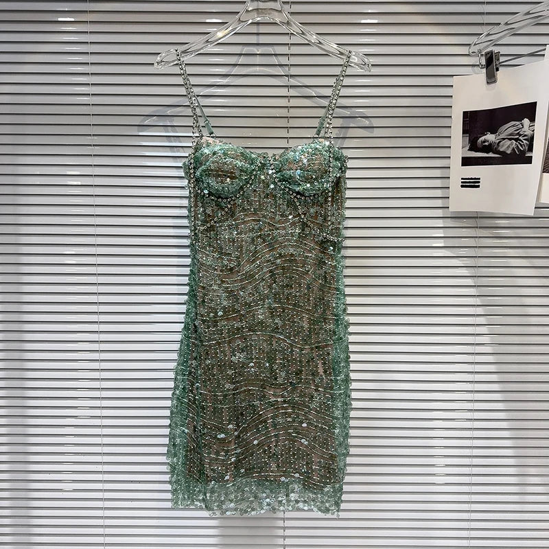 Embellished Green Bustier Dress - Festigal