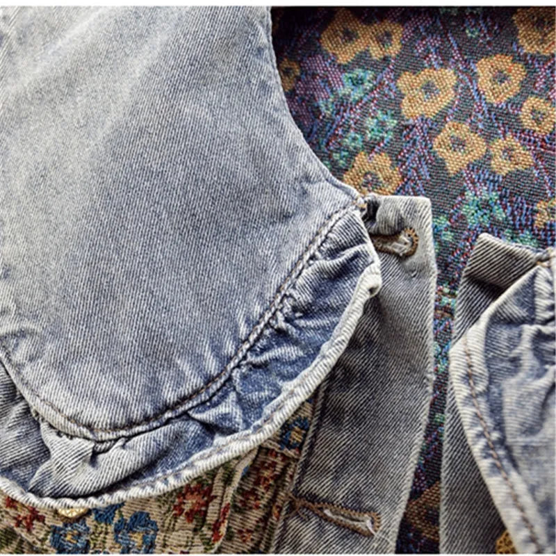 Oversized Collar Floral Denim Jacket - Festigal